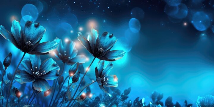 Beautiful abstract blue night photo floral design background banner. beautiful Generative AI AIG32
