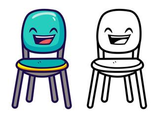 happy chair cartoon mascot vector illustration, Chair with a happy face stock vector image, colored and black and white line art