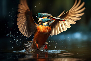 A beautiful kingfisher draws arcs in the air trying to capture agile fish. Kingfisher with bright feathers under sun rays in a spectacle of colors in nature.