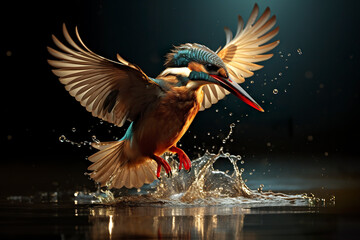 A beautiful kingfisher draws arcs in the air trying to capture agile fish. Kingfisher with bright feathers under sun rays in a spectacle of colors in nature.