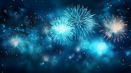 Background of blue Fireworks. Festive Template for New Year's Eve and Celebrations - obrazy, fototapety, plakaty