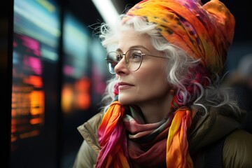 adult woman with gray hair, dressed in bright colors (yellows, pinks and oranges) looks at airport sign looking for her flight. copy space. generated with ia