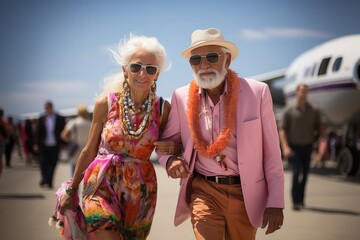 elderly couple walking down runway with plane standing behind them. hawaiian style vacation. copy space. generated with ia