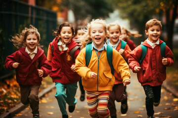 Happy kids running at school