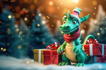Winter cute green wooden dragon in red christmas hat with gift boxes