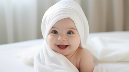 Fototapeta na wymiar Cute baby with a towel on his head smiles on a white background. 