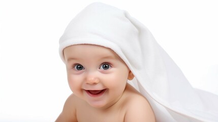 Cute baby with a towel on his head smiles on a white background. 