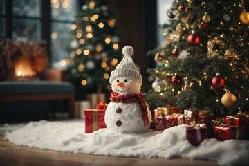 Obraz premium Christmas tree with gifts and snow man
