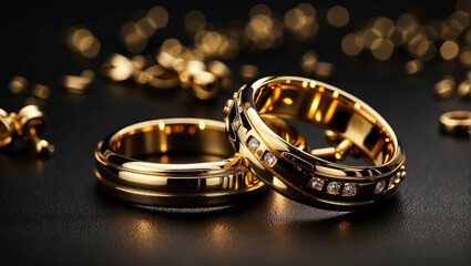 Two gold wedding rings in front of a glamorous background - obrazy, fototapety, plakaty