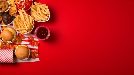 Different fast food on red background, flat lay. Space for text 