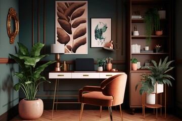 Inspiring office interior design, art deco style home office with furniture - obrazy, fototapety, plakaty