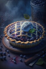 Luxurious homemade blueberry pie slice closeup with blue background.