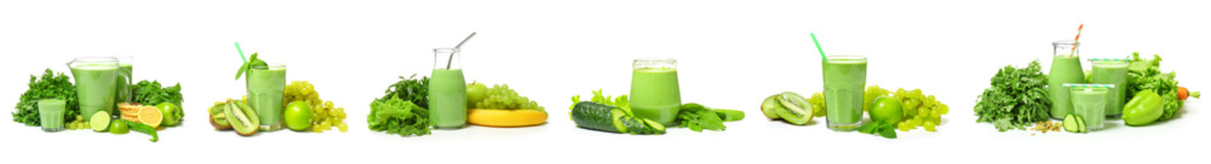 Set of healthy green smoothies on white background