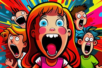 Frightened children, funny cartoon group of kids with facial expressions, screaming faces of girls and boys