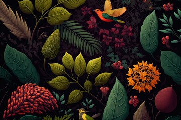 Floral pattern background with organic forms and vibrant colors of forest
