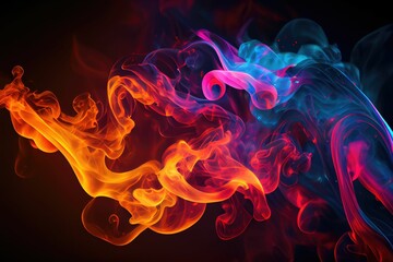 Neon blue and purple multicolored smoke puff cloud design elements on dark background