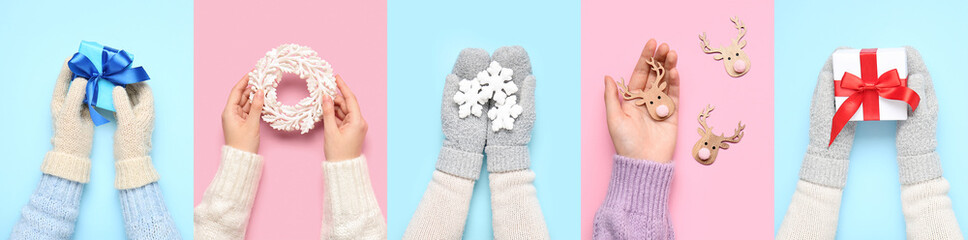 Collage of hands with Christmas gifts and decorations on pink and blue backgrounds
