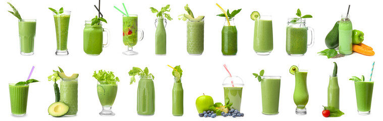 Set of many healthy green smoothies on white background