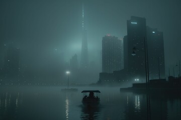 Naklejka premium Misty morning toronto skyline, lake ontario with fog blanket