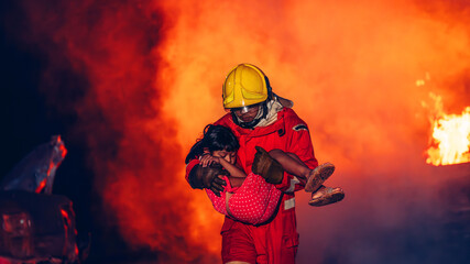 Firefighter in Action, Protecting People from Fire and Smoke. Fearless Firefighter Rescues Girl from Raging Fire and Smoke. Brave Firefighters Save Lives in Danger.
