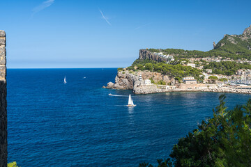 Beautiful view of the coast in Port de Soller, harbor for yachts and ships on the island of...