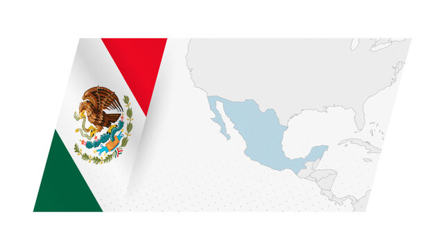 Mexico map in modern style with flag of Mexico on left side.