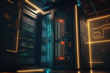 Tech background data center, servers futuristic design, server room with racks and dramatic lighting