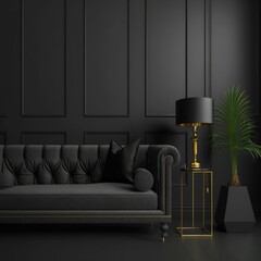 Distinct living room dark interior with luxury sofa, lamp and plant. indoor design