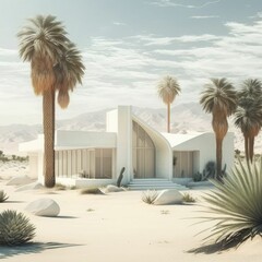 Contemporary white residence amidst desert oasis with palm trees