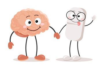 Cartoon kawaii character brain holding hands with medical pill. A cheerful mind gets help with anti-stress medications. Medicine and healthcare. Vector