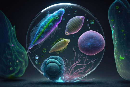 Alien microscopic ecosystem: intricate life forms in unearthly aquatic environments