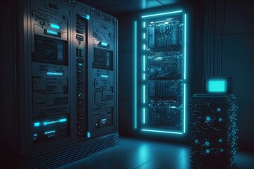 Tech background data center, servers futuristic design, server room with racks and dramatic lighting