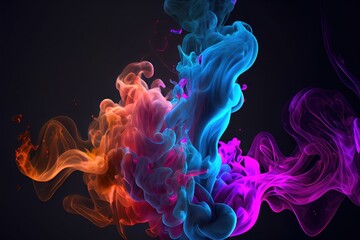 Neon blue and purple multicolored smoke puff cloud design elements on dark background
