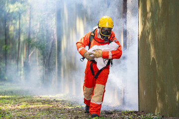 Firefighter in Action, Protecting People from Fire and Smoke. Fearless Firefighter Rescues Girl from Raging Fire and Smoke. Brave Firefighters Save Lives in Danger.