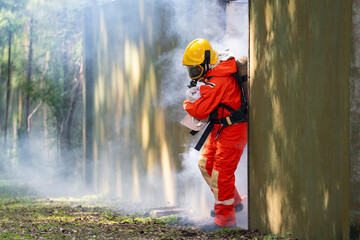Fototapeta premium Firefighter in Action, Protecting People from Fire and Smoke. Fearless Firefighter Rescues Girl from Raging Fire and Smoke. Brave Firefighters Save Lives in Danger.