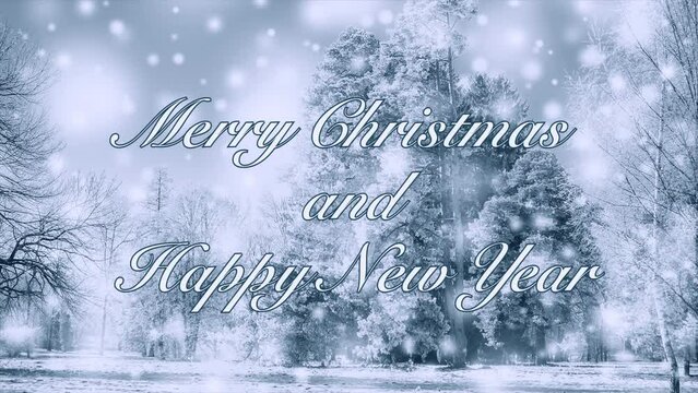 Merry Christmas and Happy New Year words design celebration. Winter falling snow and snowflakes in forest trees. Loop seamless animation text background. Motion element gif animated looping backdrop.