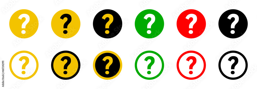 Poster question mark round circle badge button warning problem support or help icon set. vector image.