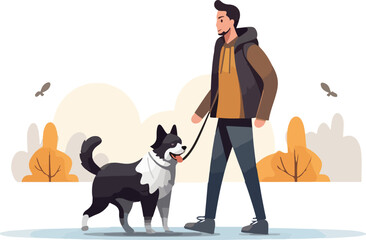 Happy person walking their dog  flat illustrations vector