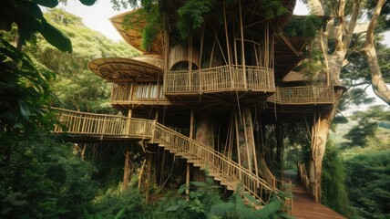 The large tropical treehouse with stair in jungle. Generative AI image AIG30.