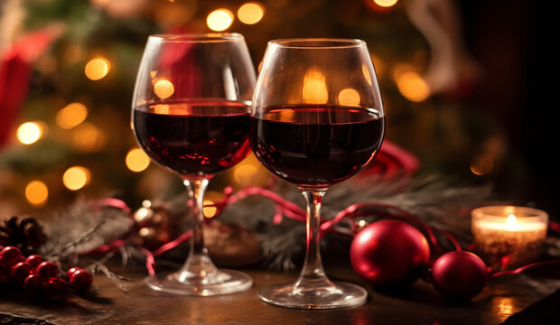 Red Wine Glasses in Front of Christmas Tree for the Holidays - Created with Generative AI Tools