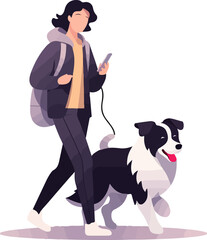 Happy person walking their dog  flat illustrations vector