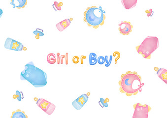 Watercolor hand drawn Invitation card on transparent background. Gender Reveal Party banner with blue and pink vests, overalls, bibs, handkerchiefs, pacifier, bottles. girl or boy flyer design