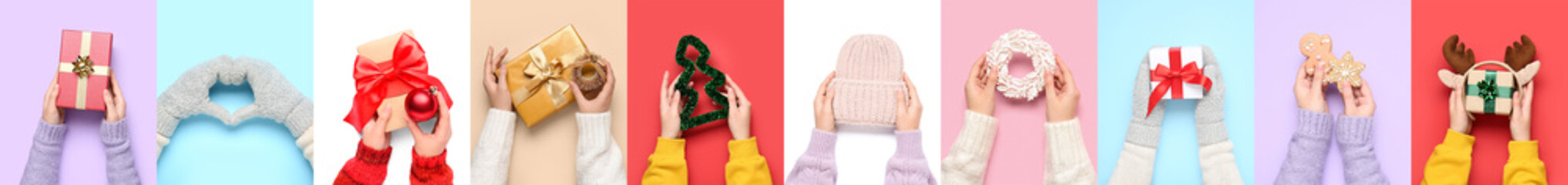 Collage of hands with Christmas gifts, decorations, cookies and hat on color background