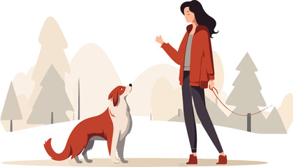 Happy person walking their dog  flat illustrations vector