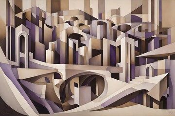 An abstract composition that embodies 'architectural surrealism,' with impossible structures and intricate spatial distortions, utilizing a palette of muted sepia tones and subtle violets.