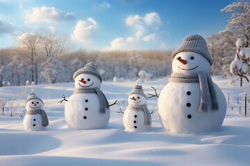 Charming snowmen with hats and scarves standing in a snowy landscape with trees
