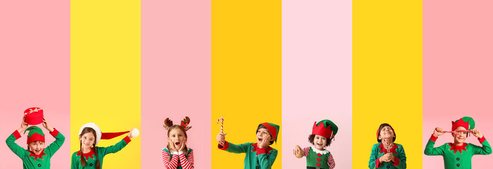 Collage of little children in elf costumes on pink and yellow backgrounds. Christmas celebration