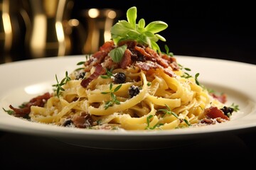A refined plating of al dente linguine pasta draped in a luscious carbonara sauce, garnished with pancetta crisps, shaved black truffles, and fresh herbs, exuding a sense of luxurious dining