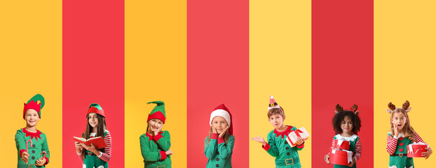 Collage of little children in elf costumes on yellow and red backgrounds. Christmas celebration