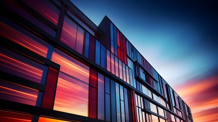Modern office building at sunset. Panoramic banner. 3D rendering